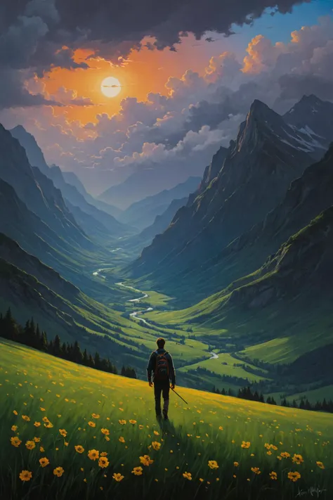 painting of a man walking through a field of yellow flowers