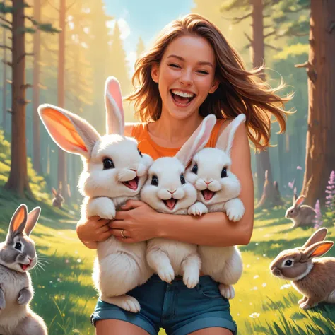 arafed image of a girl holding three rabbits in a forest