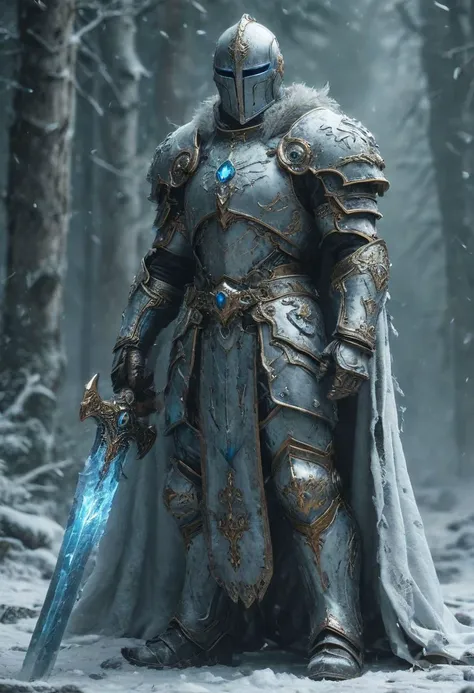 a man in armor standing in the snow with a sword