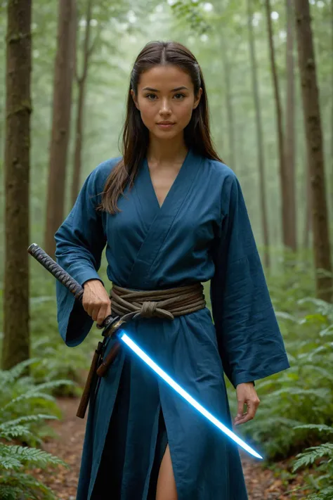 a woman in a blue robe holding a sword in a forest