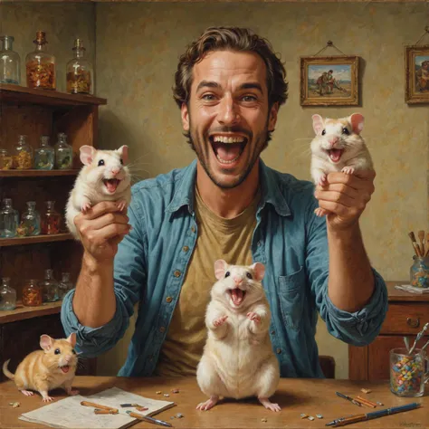 arafed man holding three hamsters in front of a table with a mouse