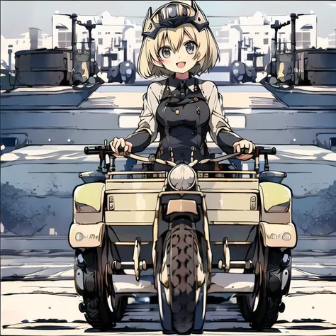 <lora:kettenkrad-v7:0.6> masterpiece, beset quality, (chibi:1.3),
driving kettenkrad, 1girl, solo, :d, looking at viewer, helmet