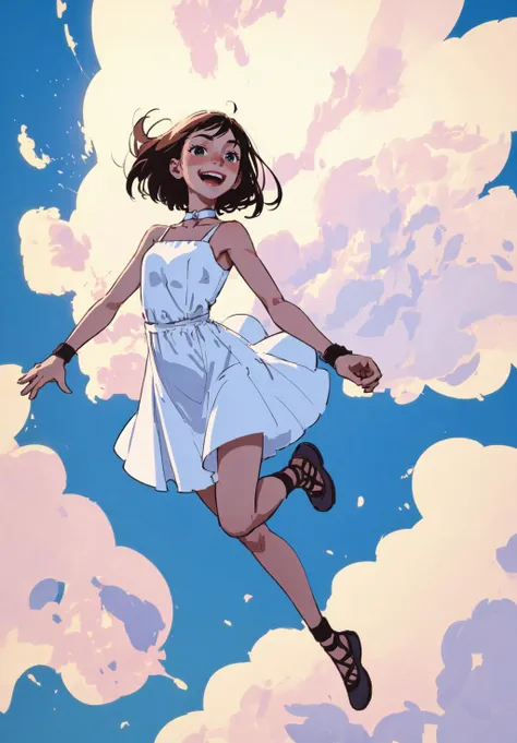 masterpiece, best quality, 1girl, jumping, in the sky, clouds, happy, long white dress, <lora:Paint_style:0.8>,