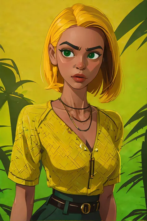 <lora:paintstyle-isabelia:0.8>, portrait of a woman wearing yellow-green madras pattern raglan shirt, body chain || <lora:paintstyle-isabelia:0.2>, portrait, masterpiece, 8k, high resolution, shallow depth of field, sharp focus