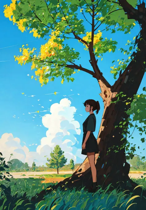 masterpiece, best quality, 1girl, sunny day, tree, sky, [glass:0.6], <lora:Paint_style:0.8>,