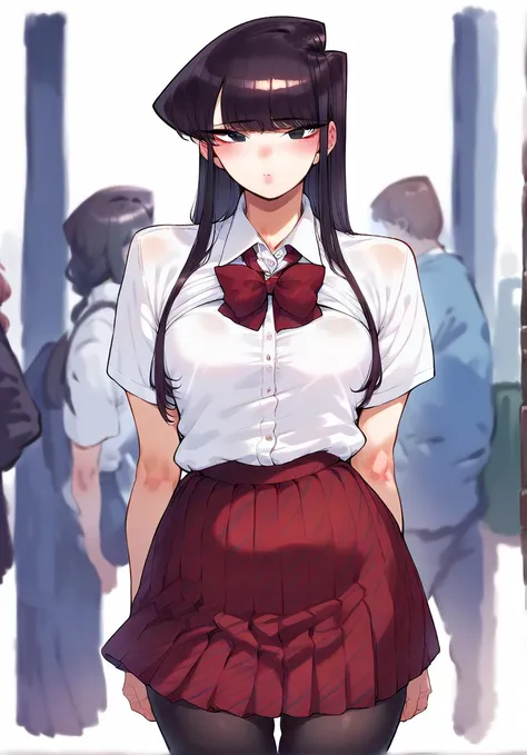 anime girl in a school uniform standing in front of a group of people