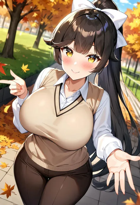 1girl, takao, azur_lane, black_hair, ponytail, very_long_hair, yellow_eyes, large_breasts, long_hair, hair_flaps, yellow_eyes,  ...