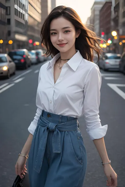 a woman in a white shirt and blue skirt walking down a street