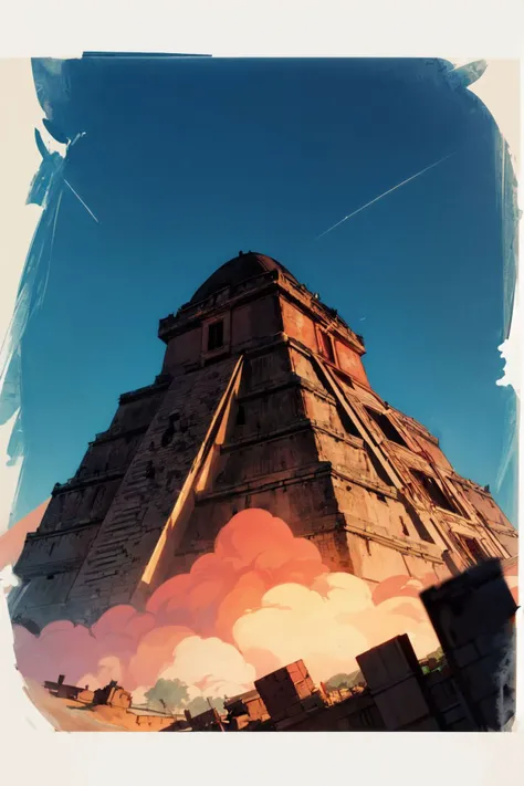 cinematic film still Raw digital photo, high angle shot of a Soothing dark green "The Tower of Babel", inside of a Sprawling The Pyramids of Teotihuacan, Proud, sharp, focussed, Lomography Color 100, F/5, <lora:add_detail:1>, (Studio ghibli style, Art by H...