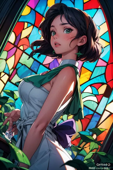 cinematic film still landscape of a Awe-Inspiring Palace, Stars in the sky, (stained glass art designed by Romero Britto:1.2) , Harry Clarke, Vaporwave, Moonlight, Fish-eye Lens, Kodachrome, dripping with deep green, <lora:add_detail:1>, (Studio ghibli sty...