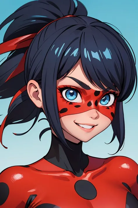 (masterpiece, best quality), 1girl, <lora:Ladybug:1> Dark blue, bob-cut hair with a ponytail, red mask with black spots, greenish-blue eyes, smiling expression, red suit with black spots