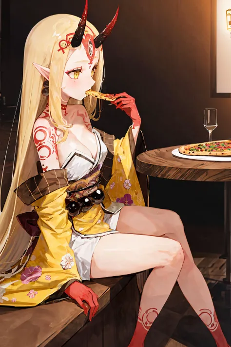 1girl, female, restaurant background,  yellow kimono,cleavage, very long hair, japanese clothes, wide sleeves, off shoulder, floral print,  beads, sash,  ibaraki_douji eating pizza sitting at the table, <lora:ibaraki_douji:0.9>