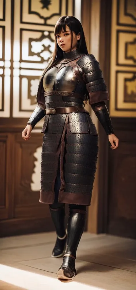 a woman in armor walking down a hallway