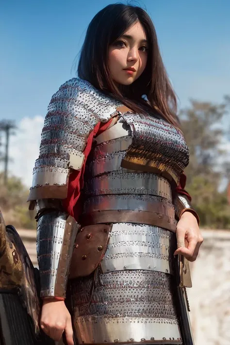 arafed woman in a medieval armor poses for a picture