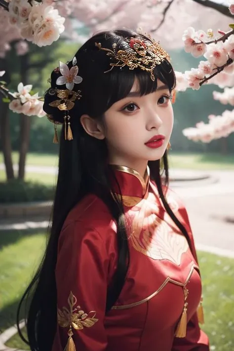 ltra-detailed,highly detailed,best quality,masterpiece,illustration,realistic,
1girl, solo, yixian,
long hair,bangs,
xiuhefu,chinese clothes, china dress, red dress,
looking at vchiewer,upper body, 
outdoors, park,grass,cherry blossoms, falling petals, win...