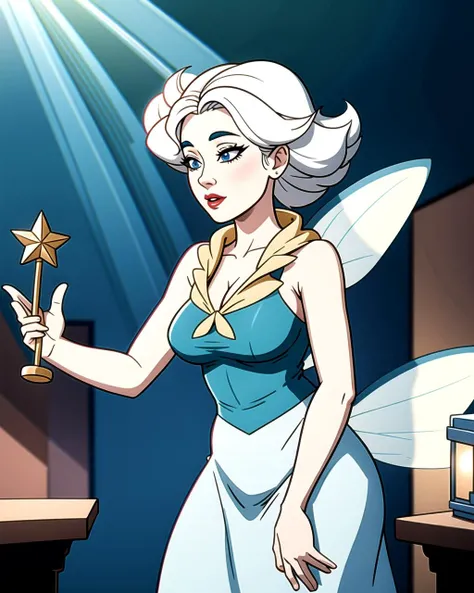 ((masterpiece), best quality, high quality, professional quality, highly detailed, highres, perfect lighting, natural lighting), beautiful, fairy godmother, waving wand, granting a wish, making dreams come true