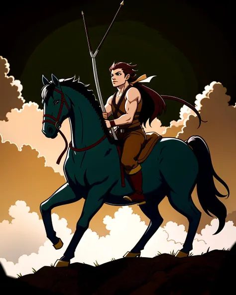 ((masterpiece), best quality, high quality, professional quality, highly detailed, highres, perfect lighting, natural lighting), male centaur, charging, bow and arrow drawn, in battle against goblins