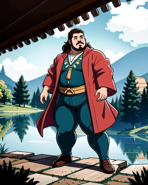 ((masterpiece), best quality, high quality, professional quality, highly detailed, highres, perfect lighting, natural lighting), (1boy, overweight, handsome, facial hair, medium length hair, brown hair), wearing wizard robes, fighting, by a lake