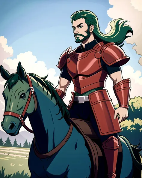 ((masterpiece), best quality, high quality, professional quality, highly detailed, highres, perfect lighting, natural lighting), (1boy, slender, handsome, facial hair, medium length hair, green hair), wearing armor, riding a horse, outdoors