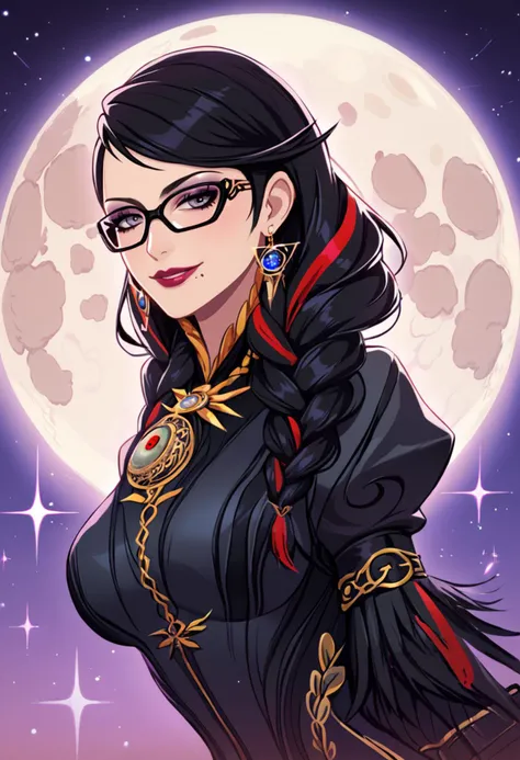 a woman with glasses and a black dress standing in front of a full moon