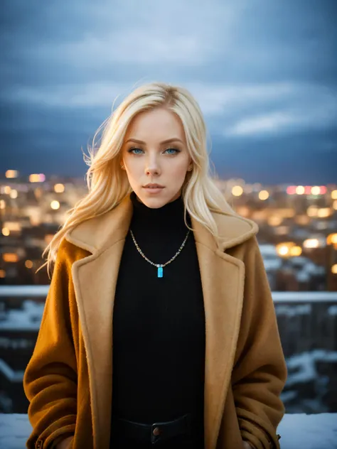 a woman in a coat standing on a ledge with a city in the background