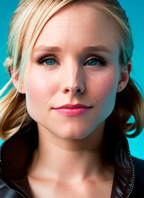 a close up of a woman with a jacket on and a blue background