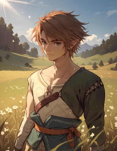 a young man in a field with a sword and a sword