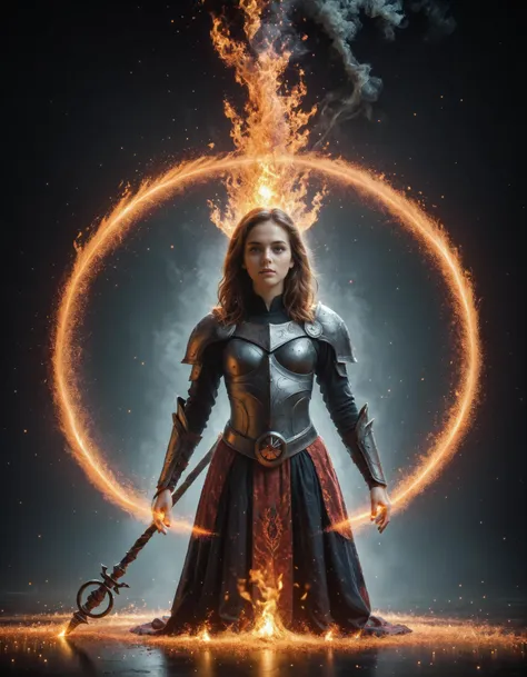 a woman in armor standing in front of a circle of fire