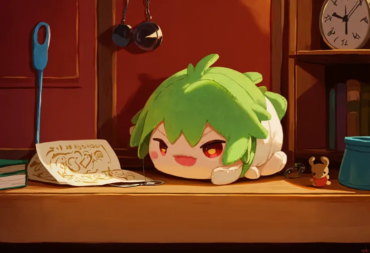 anime character sitting on a desk with a clock and a note