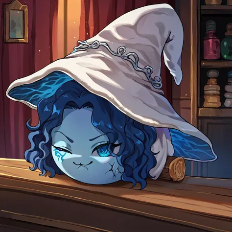 witch with blue eyes and a white hat on a table