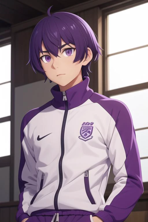 masterpiece, best quality, high quality, 1boy, solo, male focus, looking at viewer, upper body, <lora:shin_wolford:0.60>, shin_wolford, purple eyes, purple hair, , track suit