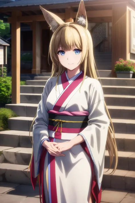 anime girl in a kimono outfit standing on steps in front of a house