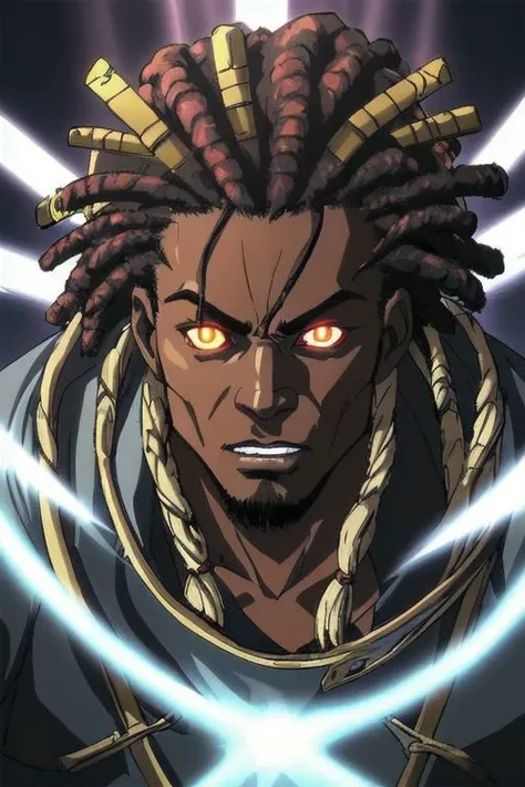 a man with dreadlocks and yellow eyes standing in front of a light