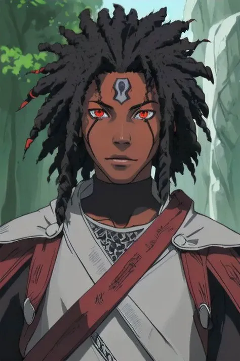 a woman with dreadlocks and a red cape stands in front of a forest