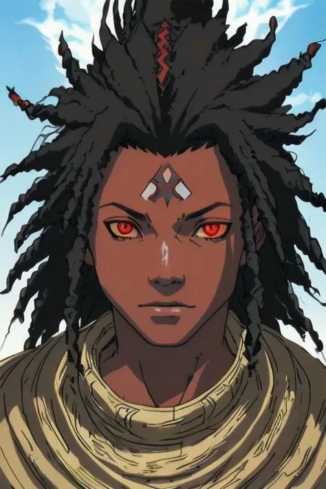 Anime Highly Detailed ((vibrant)) (Dark) ((Samurai)) Solo (Closeup) Portrait (Male) (Man) (Masculine) muscular face serious (African-American) (red dreadlocks) (Dark-skinned) (Clear eyes) (Glowing Eyes) shadowed (rays of light)