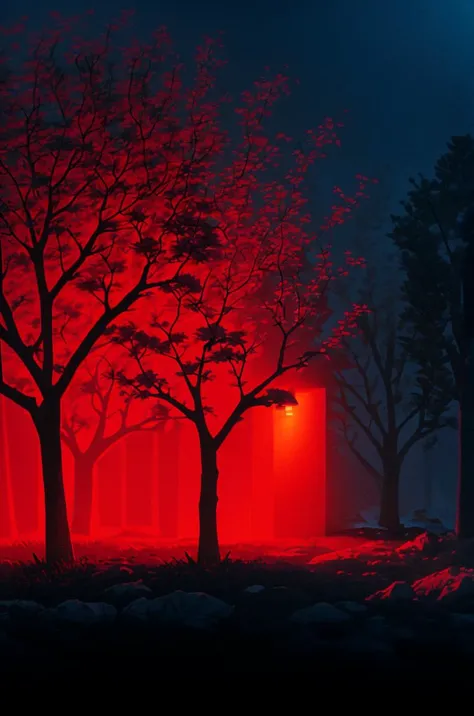 a red light shines through the trees in a foggy forest