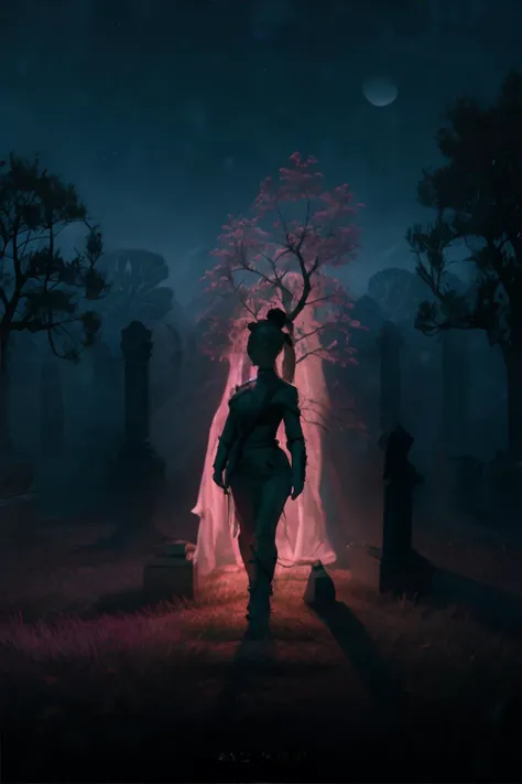 <lora:darkstyle-isabelia:0.8>, cinematic lighting, David Park, lights, troll woman, pink high ponytail, green eyes,  wearing druidic robes, In a haunted graveyard under a full moon, with spectral figures wandering among the tombstones || <lora:darkstyle-is...