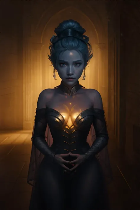 <lora:darkstyle-isabelia:0.8>, cinematic lighting, David Park, lights, troll woman, violet beehive hairstyle, light blue eyes,  wearing sorcerers habit, In a grand castle hidden within a moonbeam, visible only to those of pure heart || <lora:darkstyle-isab...