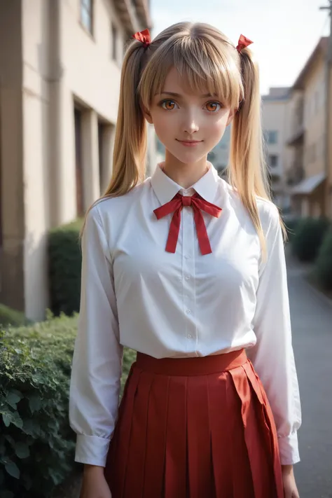 <lora:sawachika_eri_ponyxl_v8:0.55>, sawachika eri, blonde hair, orange eyes, twintails, solo, standing, looking at viewer, front view, cowboy shot, light smile,
school uniform, red ribbon, neck ribbon, white shirt, collared shirt, red skirt, pleated skirt...