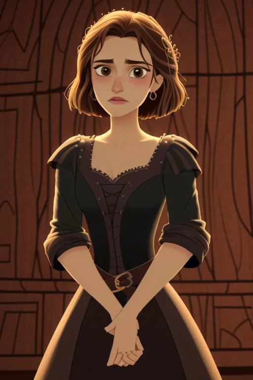 a cartoon image of a woman in a dress standing in front of a wooden wall