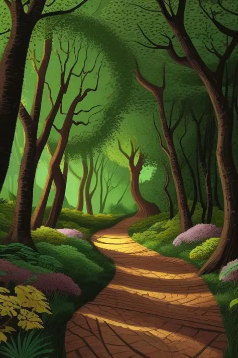 a painting of a path through a forest with trees and flowers