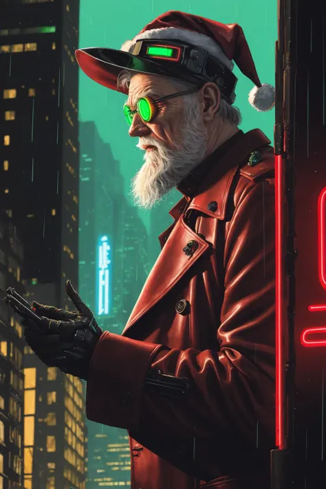 Cyberpunk Santa Claus, black trenchcoat, By Jean-Pierre Gibrat, Krenkel, watercolor, bold ink, dark, by Wally Wood, By Jeremy Mann, skyscrapers, cables, rain, reflections, neon lights, signs, street, sidelighting, (close-up:1.35), beard, (red Santa hat:1.2...