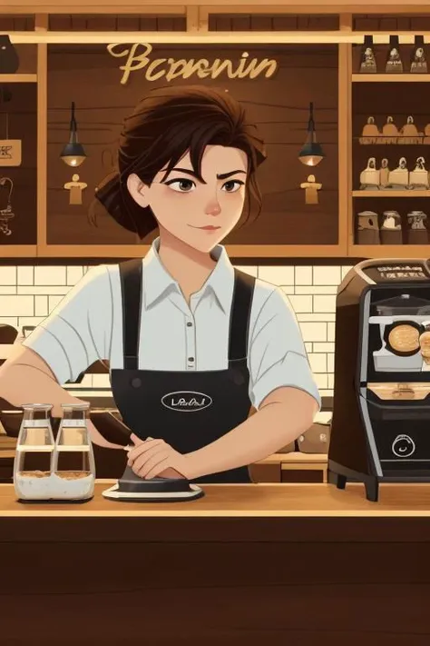 a woman is standing at a counter with a coffee machine