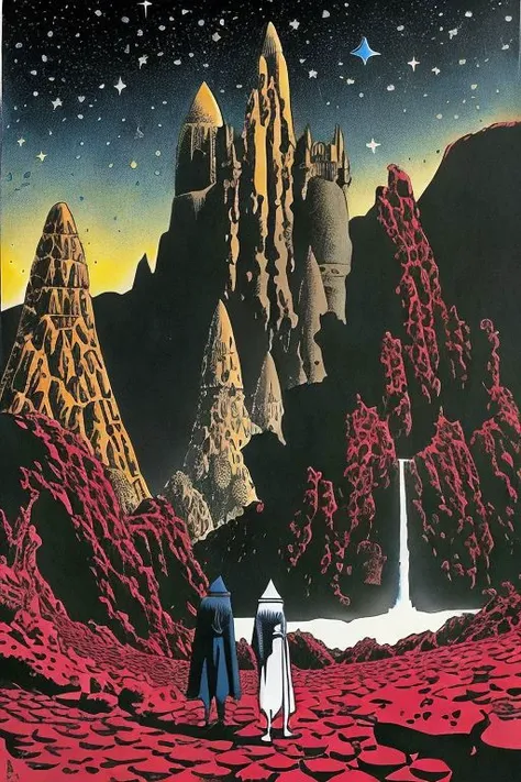 a painting of two people standing in front of a mountain