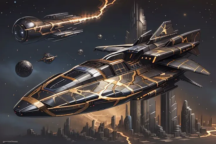 spaceships and ships in a futuristic city at night