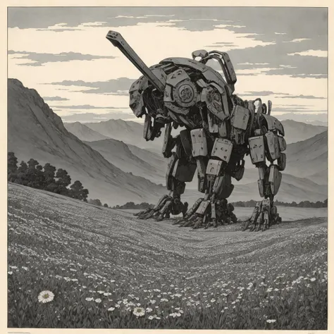 an enormous overgrown derelict mech stands amid a peaceful field of flowers and grass in a mountain valley, clouds, sunset, illustration by Roy Krenkel