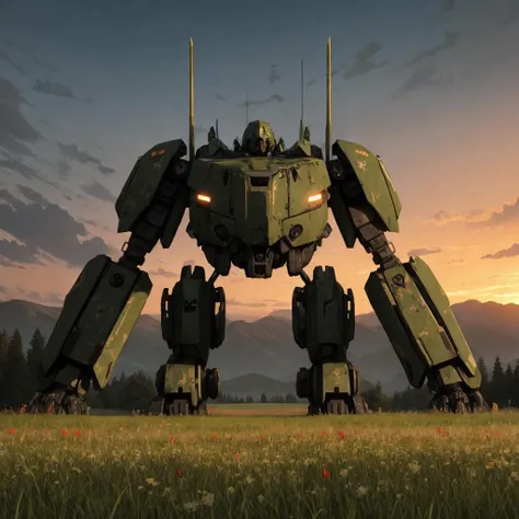 an enormous overgrown derelict war mech stands amid a peaceful field of flowers and grass in a mountain valley, clouds, sunset