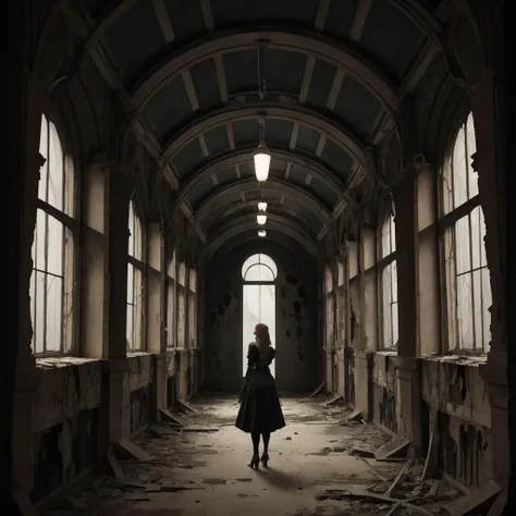 arafed woman in a black dress walking through a run down building