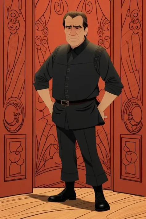 a cartoon of a man in a black shirt and black pants