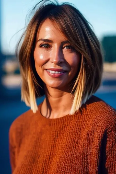 a woman with a short bob cut and a brown sweater